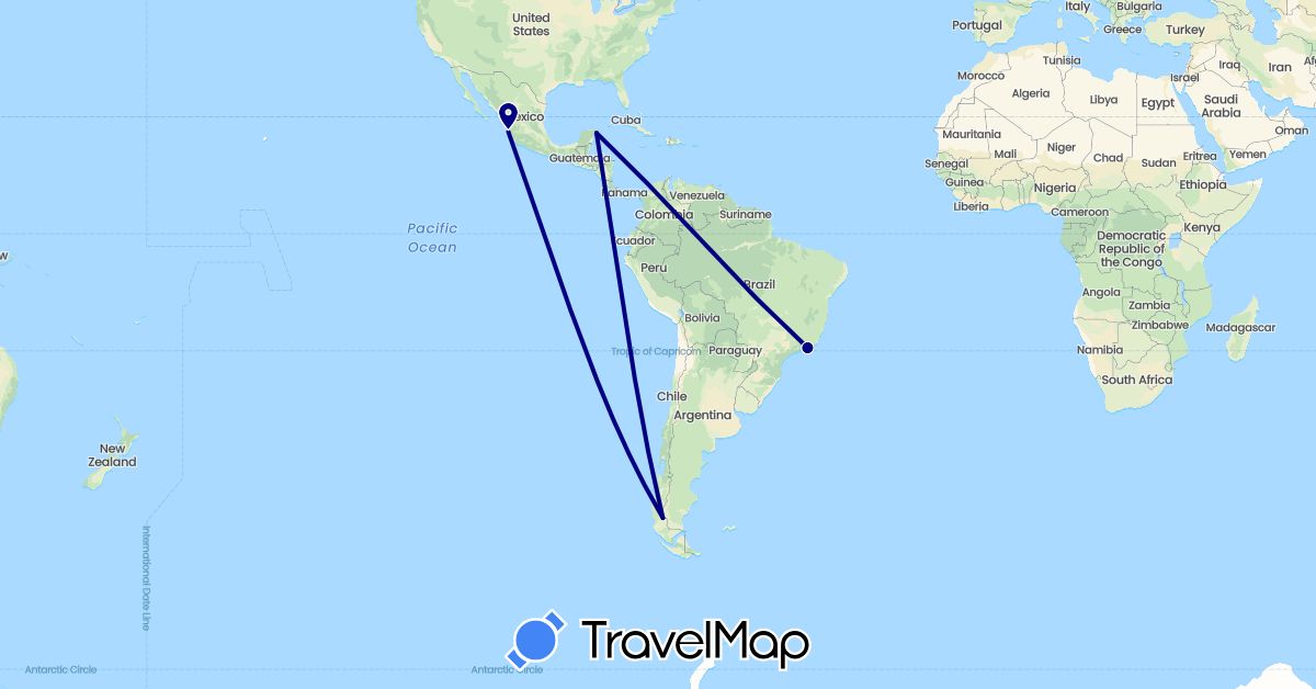 TravelMap itinerary: driving in Argentina, Brazil, Mexico (North America, South America)